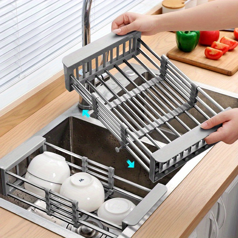 SAYZH Dish Drying Rack, Kitchen Counter Dish Drainers Rack Expandable(16.9 inch to 26.8 inch), Auto-Drain Drainboard Stainless Steel Large Strainers Drying