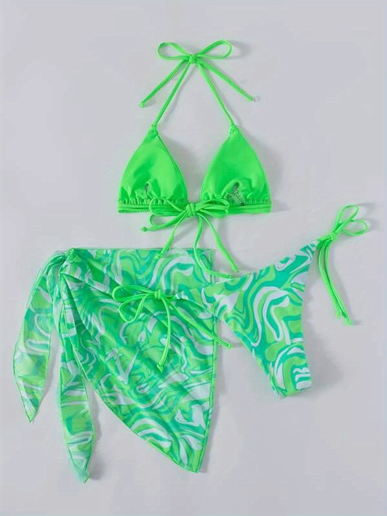 Neon Green Swirl Print Swimsuits Triangle Tie Strap Halter - Temu