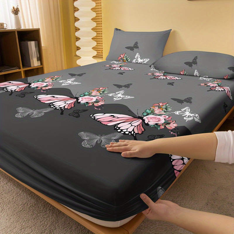 1pc brushed fitted sheet soft comfortable rose butterfly bedding fitted sheet for bedroom   with deep pocket fitted bed sheet only details 1