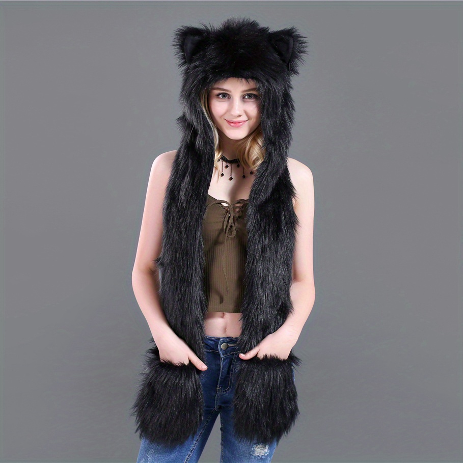 Women Anime Spirit Animal Hood Hoods Furry Hoodie Faux Fur - Temu