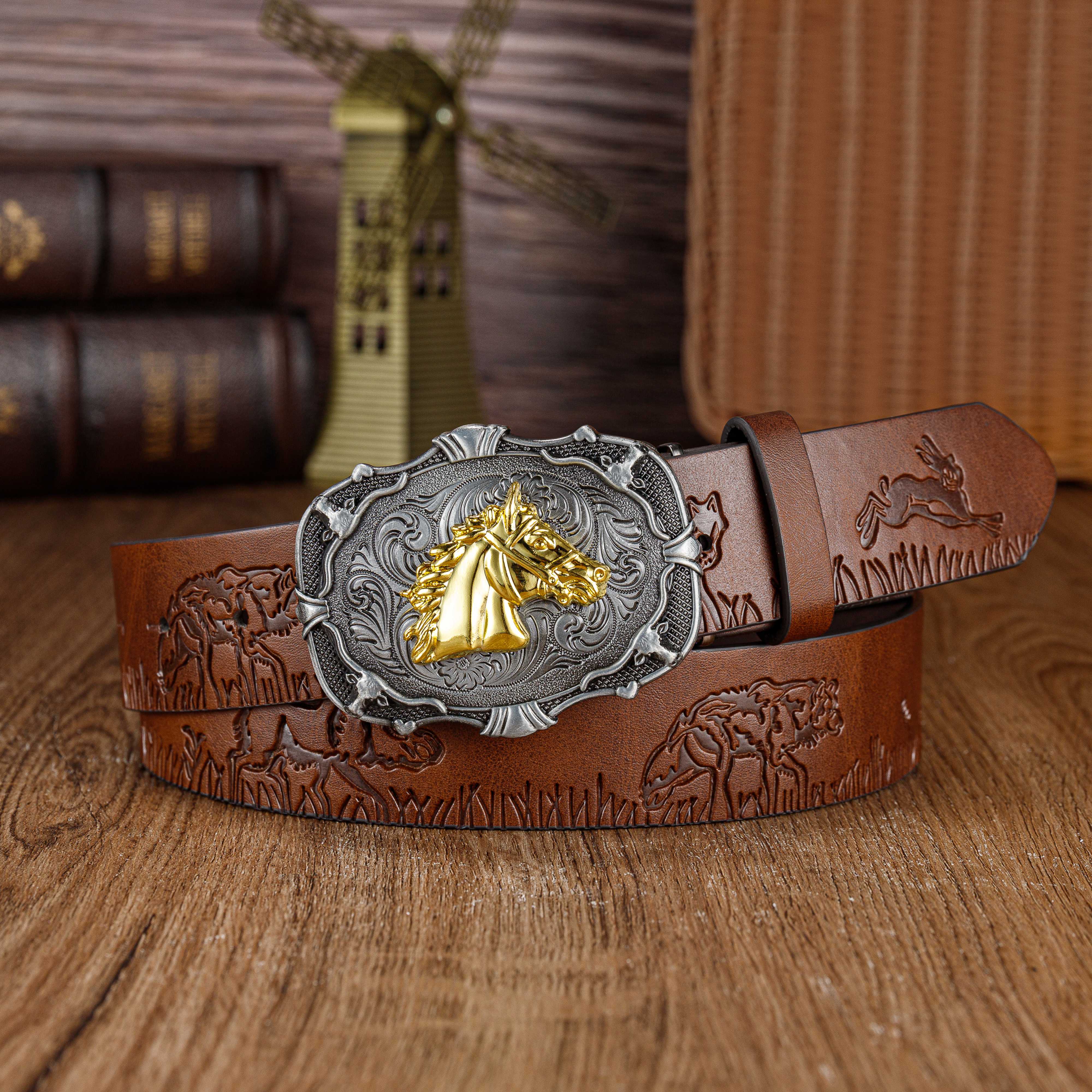 Western Cowboy Retro Horse Buckle Belt, Fashion Casual Business Men's  Embossed Pu Leather Belt - Temu