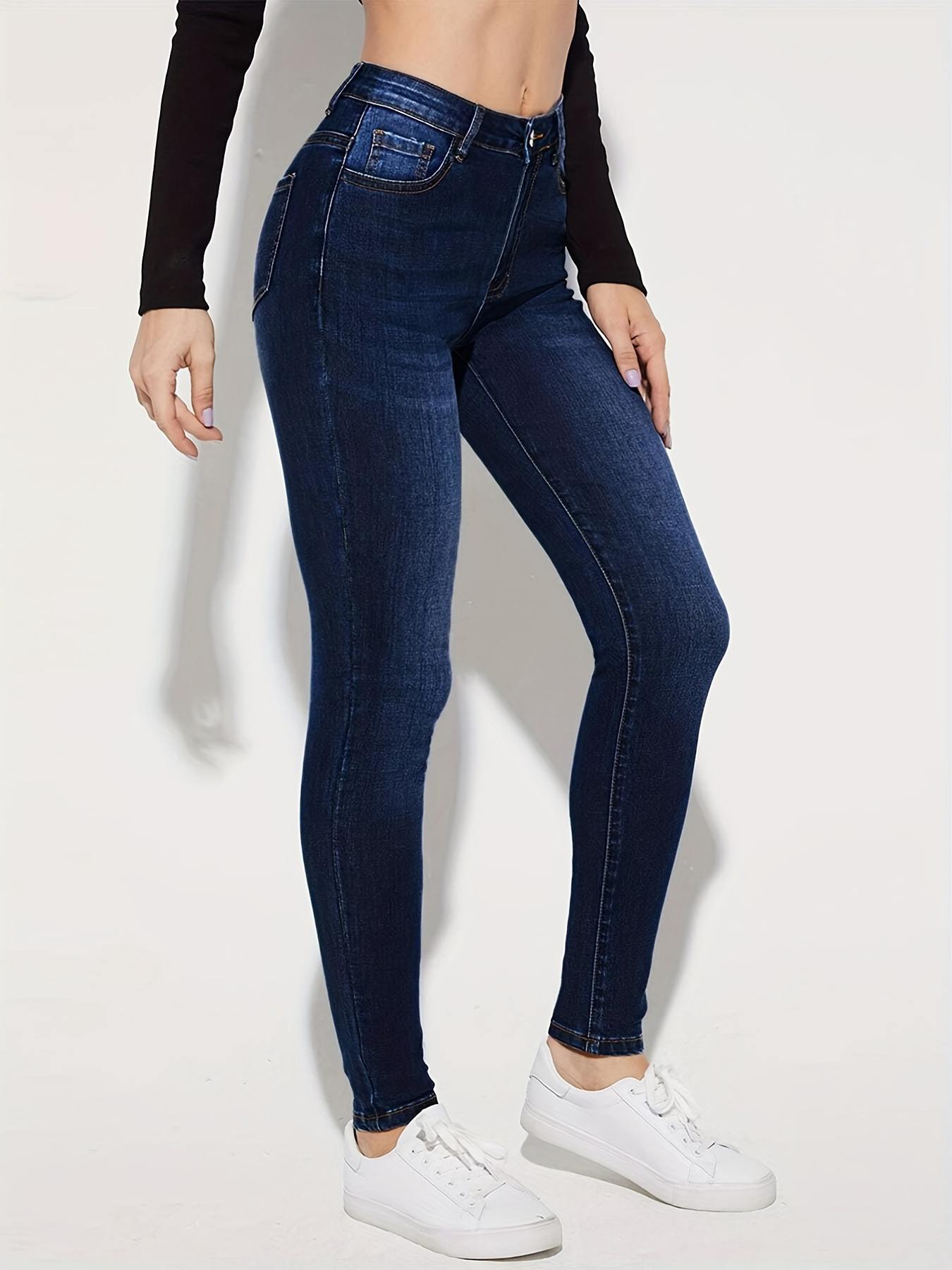 Dark Blue Versatile Skinny Jeans Slim Fit High Stretch Slant