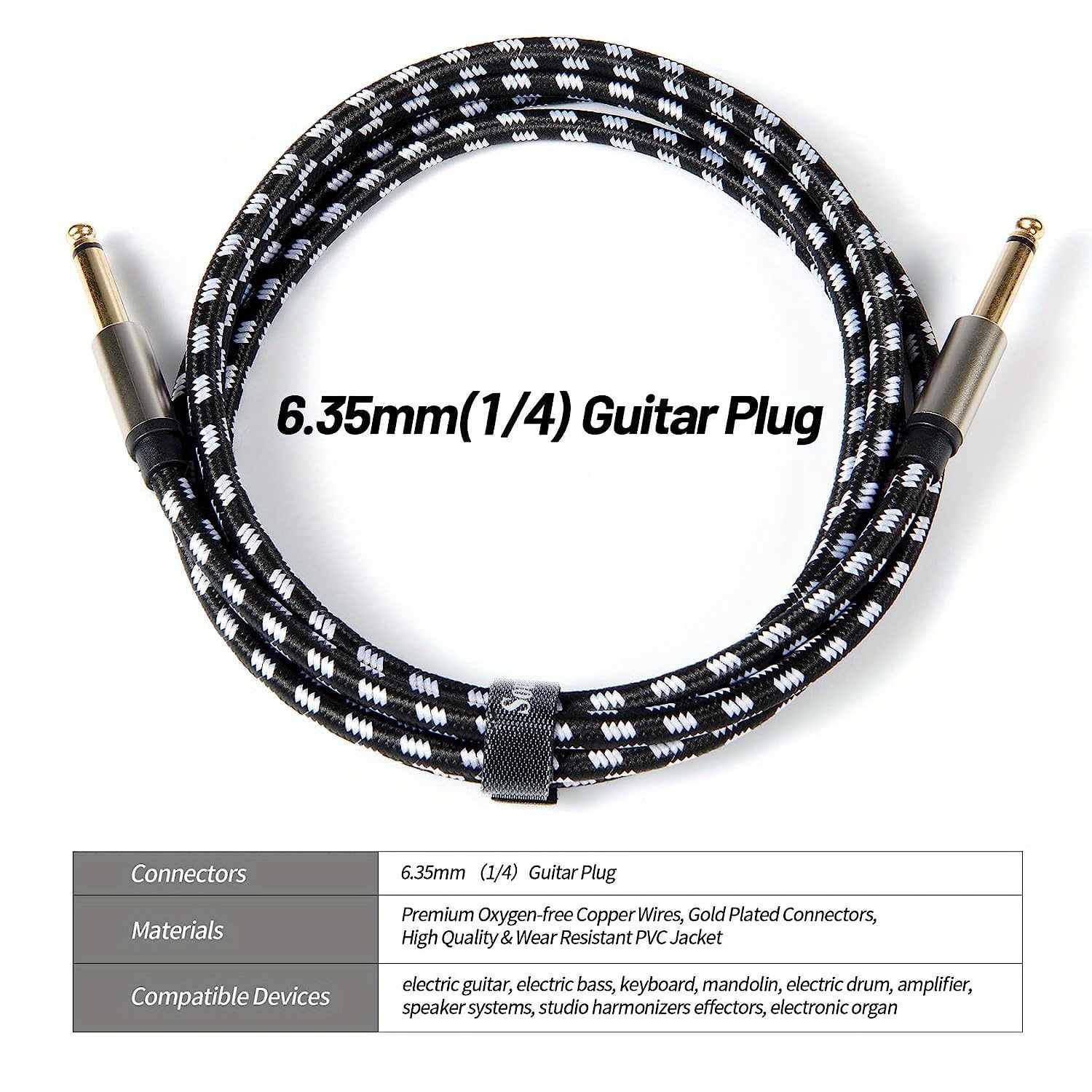 1m 6.35mm Mono 1/4 Guitar Lead Amp Keyboard Male Jack Audio Cable