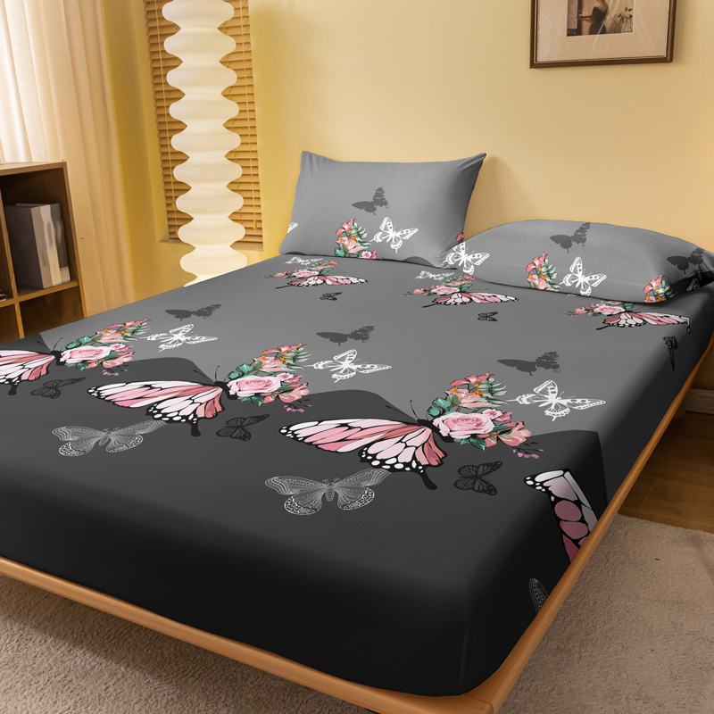 1pc brushed fitted sheet soft comfortable rose butterfly bedding fitted sheet for bedroom   with deep pocket fitted bed sheet only details 2