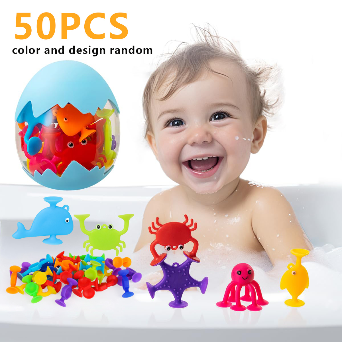 Suction Cup Toys for Toddlers, Bathtub Toys for Kids Ages 4-8, 24 Pcs  Silicone Ocean Animal Suction Toys with Dinosaur Eggshell Bath Toy Storage
