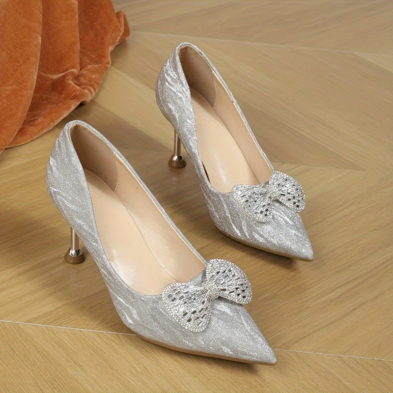  Women's Closed Pointed Toe Pumps Glitter Rhinestone Backless  Heels Bowknot Low Kitten Heeled Sandals Wedding Summer Dress Shoes