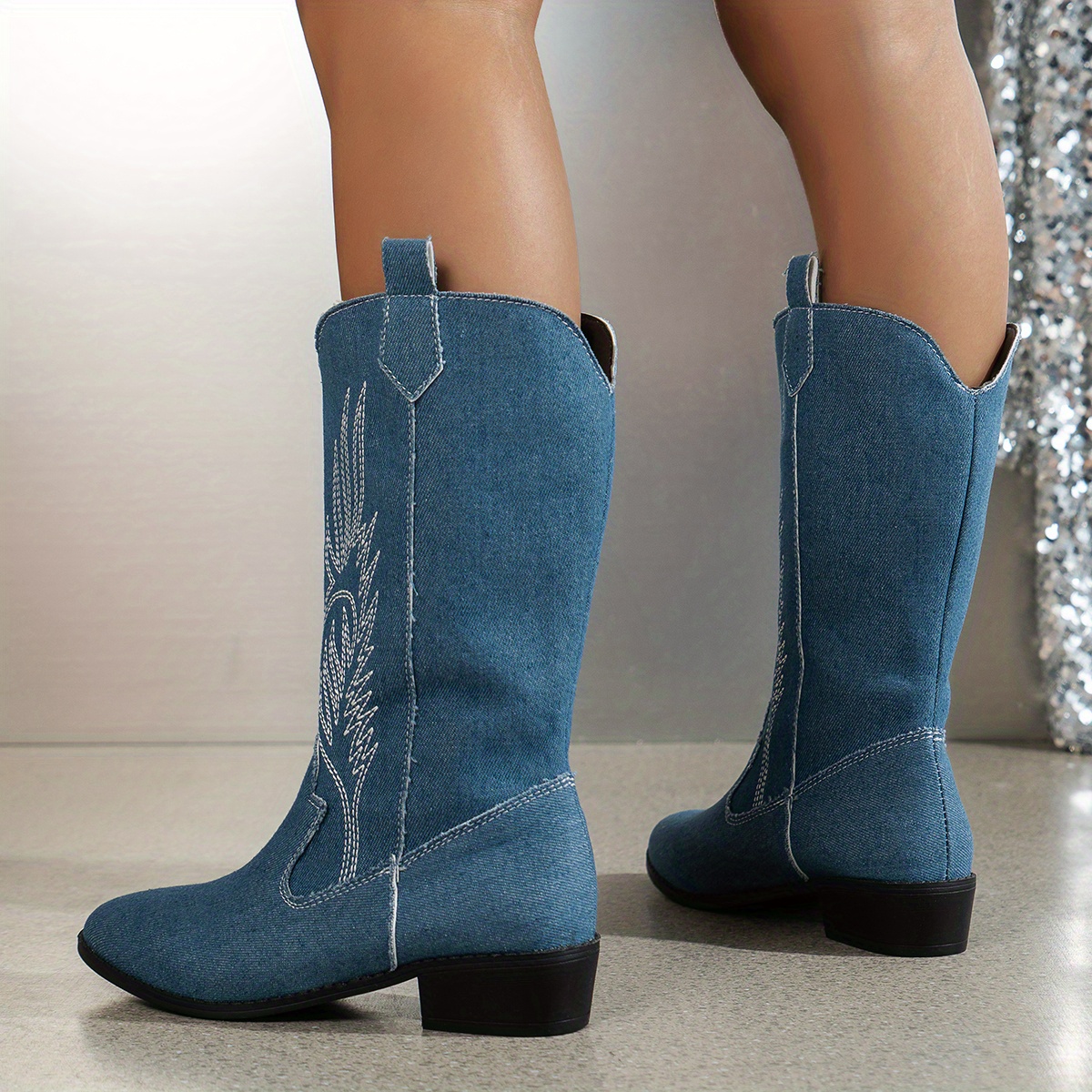 Denim Cowboy Boots Women s Embroidery V cut Chunky Low - Temu