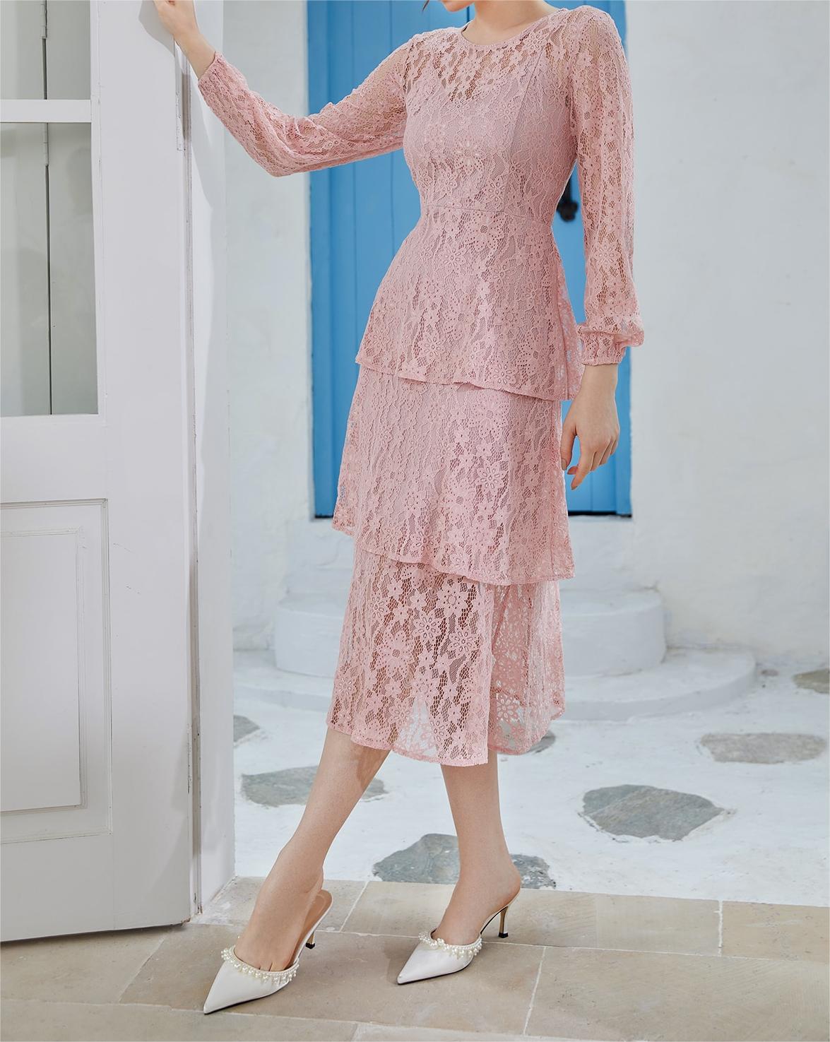 Long Sleeve Lace Tiered Dress Elegant Crew Neck Midi Dress - Temu Canada