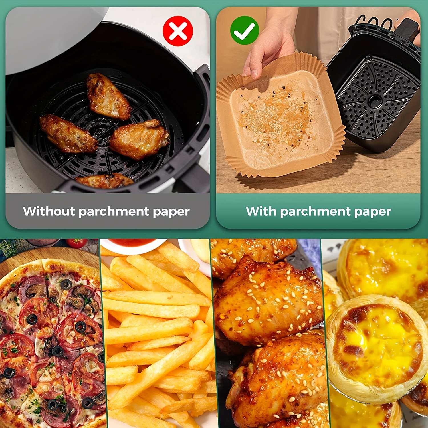 disposable paper liners for air fryers   in packs of 125 or 50   8 inch square parchment sheets are non stick and suitable for use in air fryer baskets steamers and microwave ovens details 3