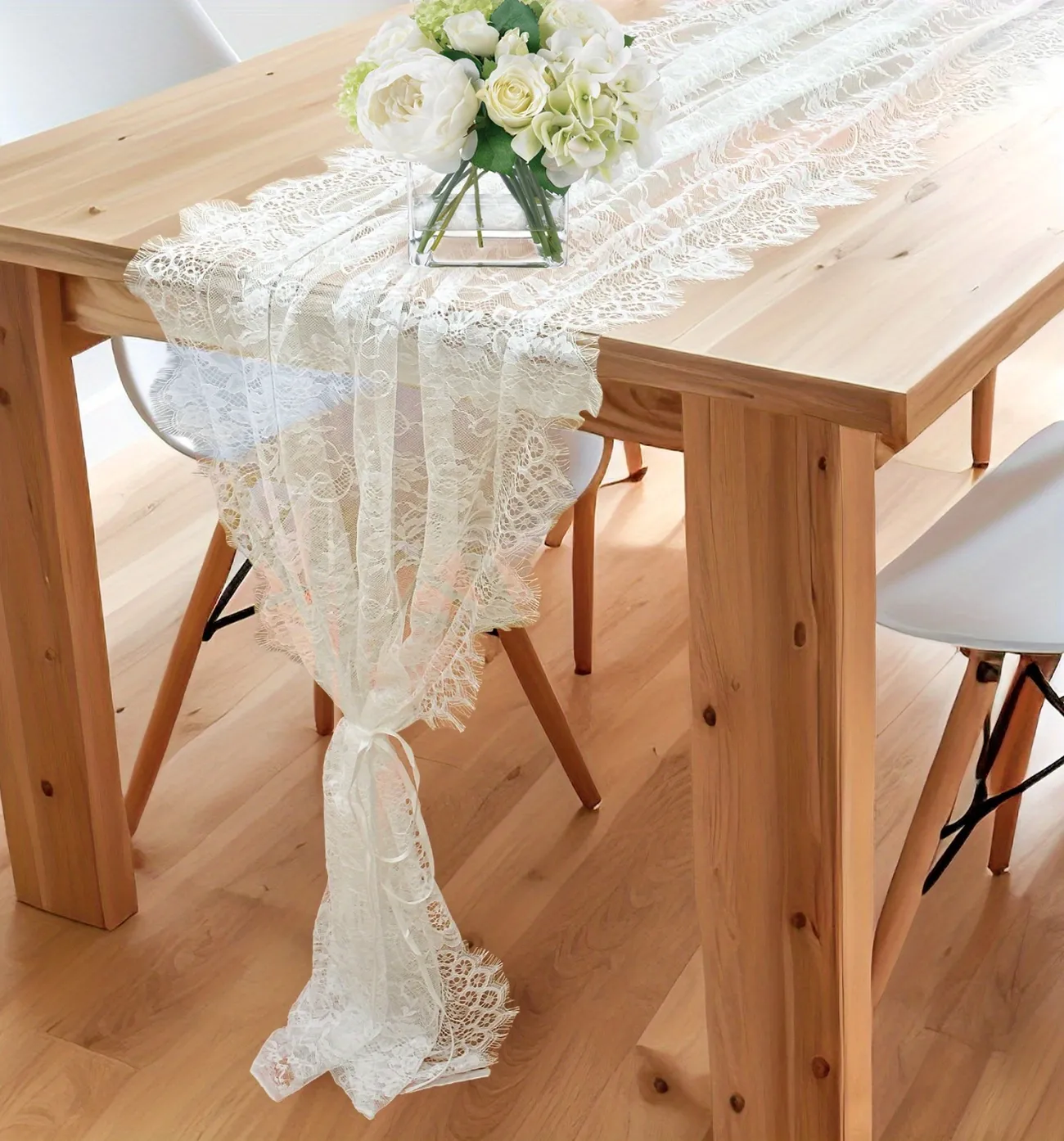 1pcs, Lace Table Runner Modern Table Runners With 59.06inch Ribbon White  Floral Lace Table Runners For Rustic Chic Wedding Reception Table Decor,  Boho