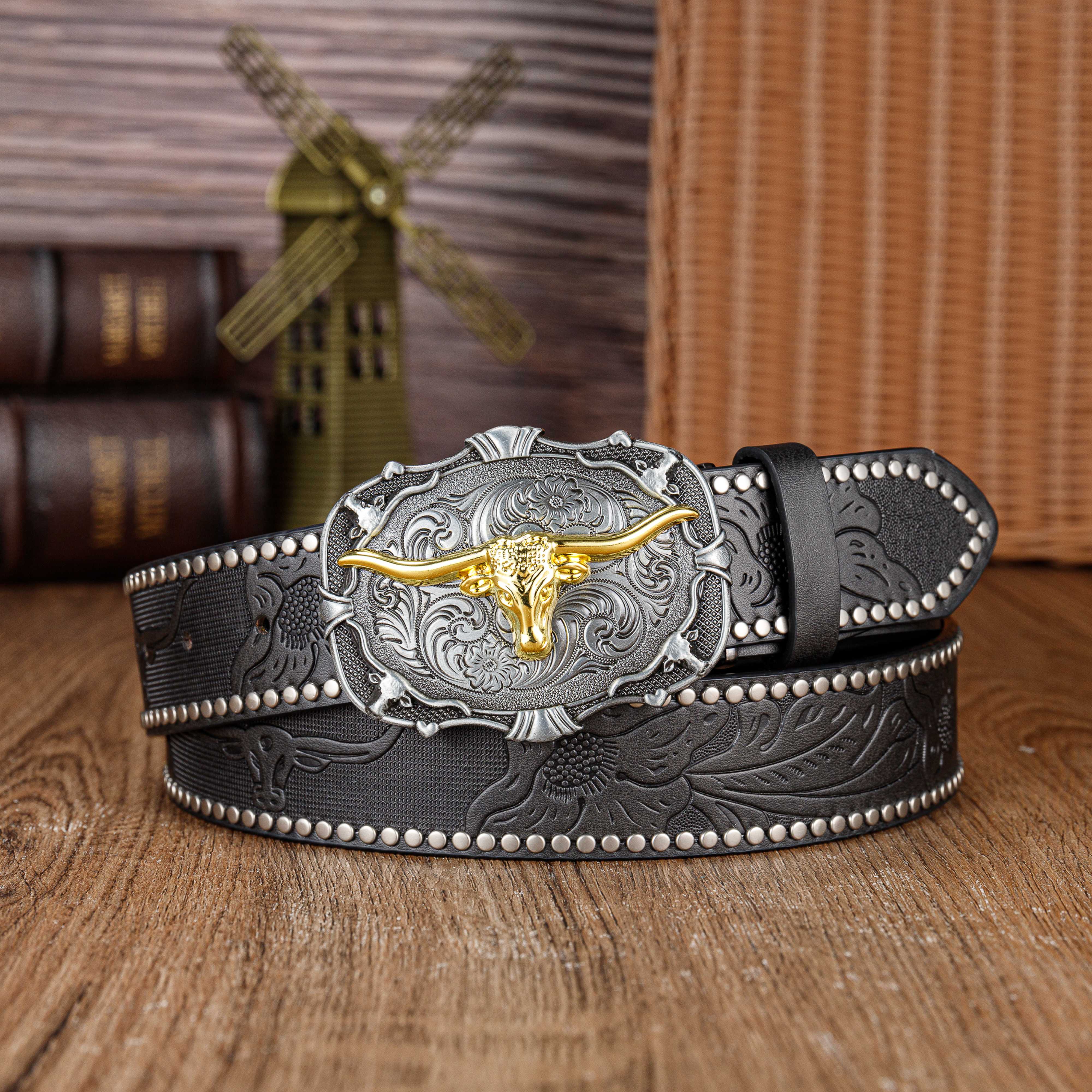 Western Large Buckle Bull Head Embossed Rivet Belt, Trendy Versatile Men's  Belt - Temu