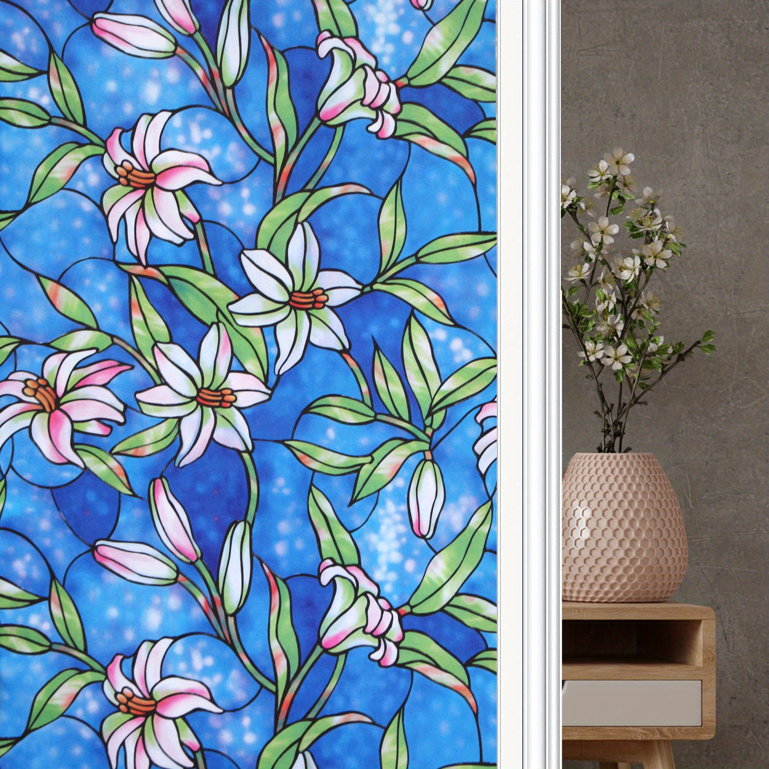 Frosting Retro Colored Floral Geometric Blue Privacy Glass - Temu