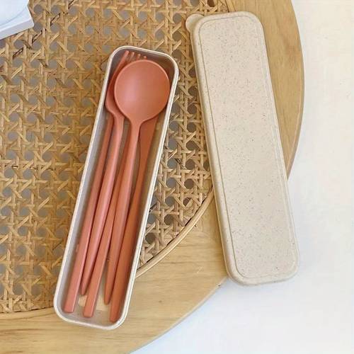 4pcs portable wheat straw tableware set easy to clean and store resistant to falling suitable for students white collar outdoor dinner travel use