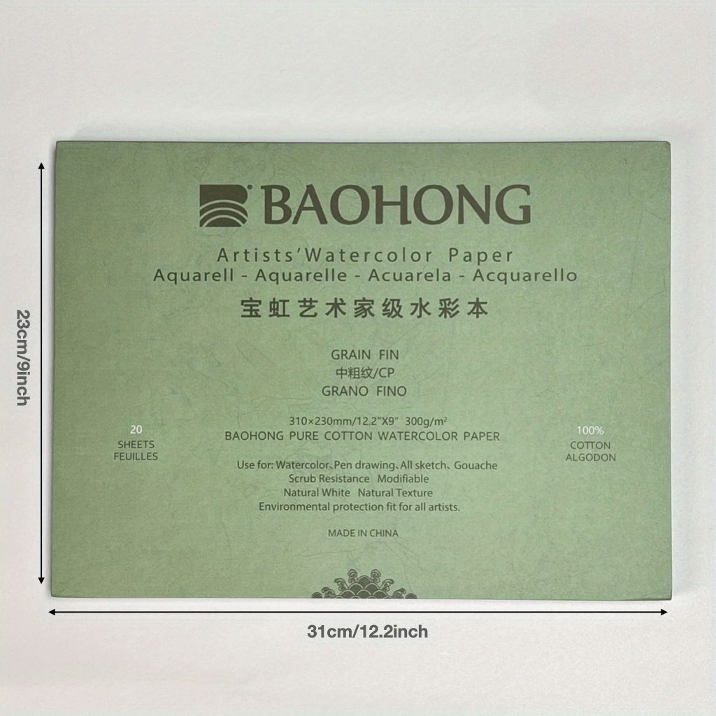 Baohong Artists' Watercolor Paper Block, Textured Cold Press 10.2x7, 20 Sheets, 100% Cotton, Acid-free, 140lb/300gsm, Watercolor Art Supplies for