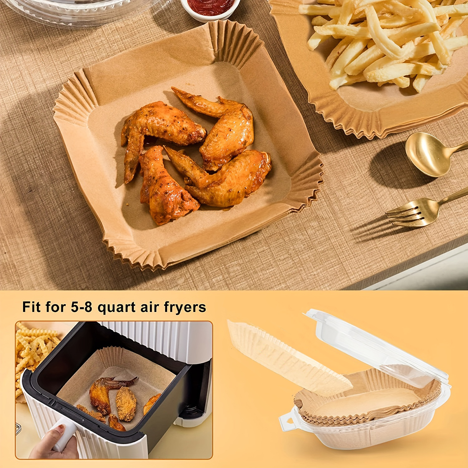 disposable paper liners for air fryers   in packs of 125 or 50   8 inch square parchment sheets are non stick and suitable for use in air fryer baskets steamers and microwave ovens details 1