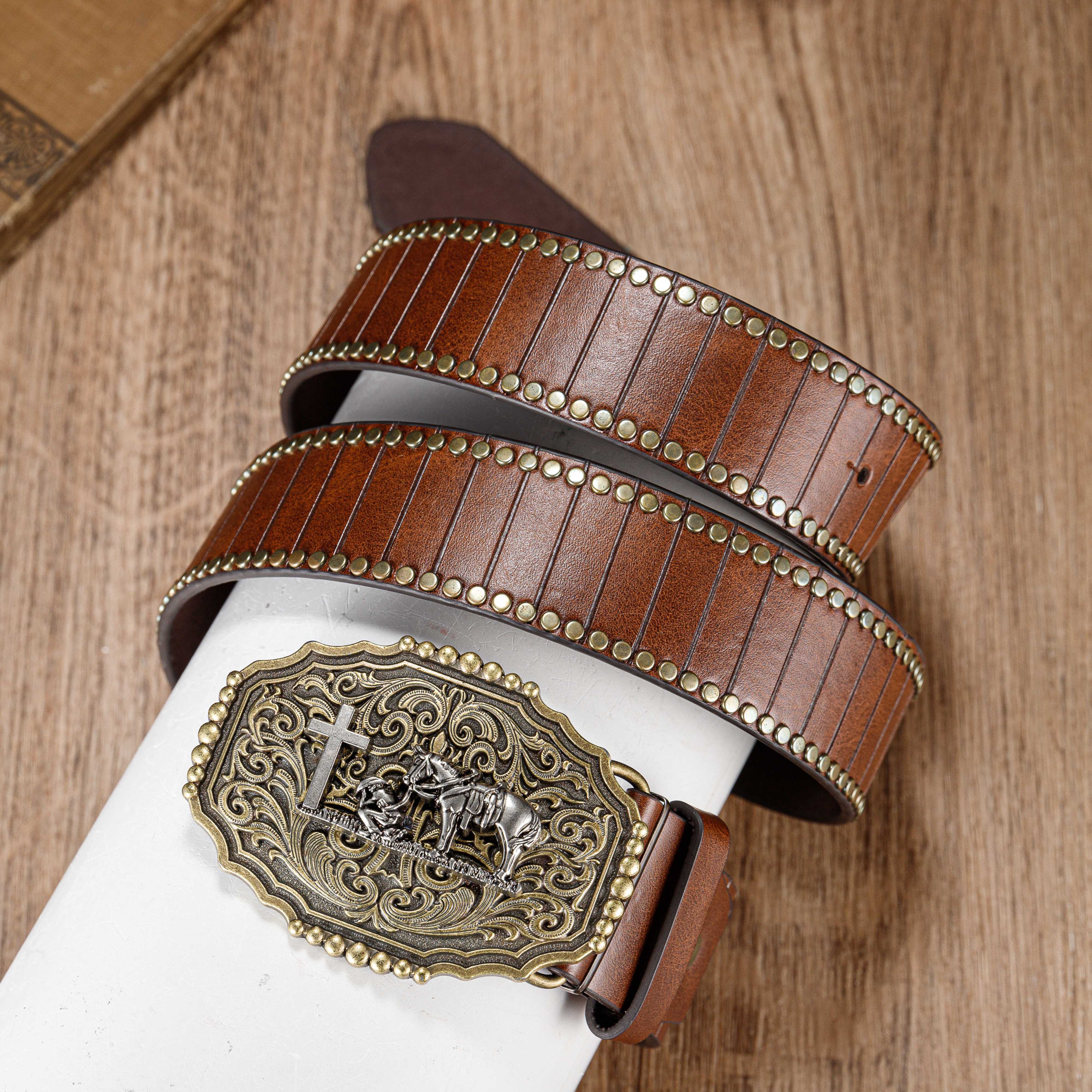 Western Large Buckle Bull Head Embossed Rivet Belt, Trendy Versatile Men's  Belt - Temu