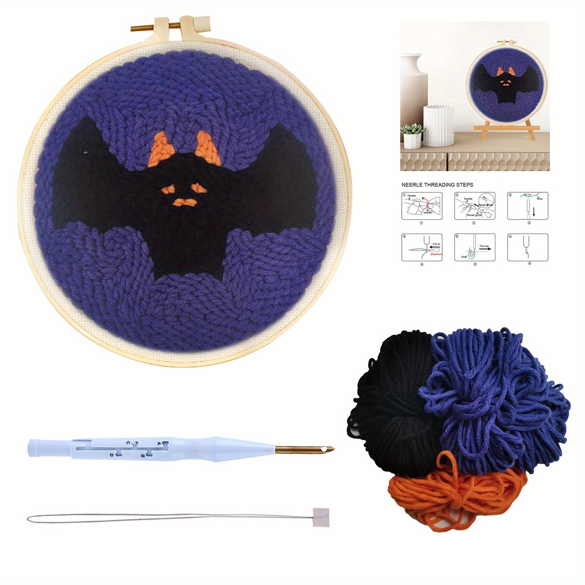 1 Set Bat Punch Needle Starter Kit Animali Punch Needle Kit Infila Ago  Tessuto Cerchio Ricamo Filo Tappeto Punch Needle Per Festa Di Halloween Fai  Da