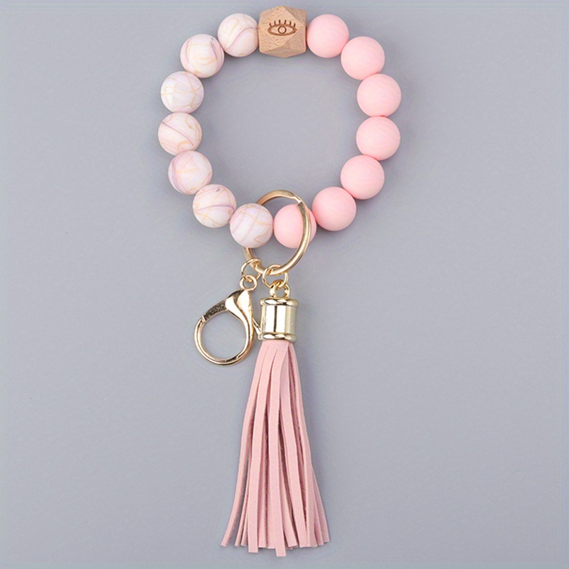 Bqhagfte Bracelet Keychain Wristlet, Silicone Bead Key Ring Bracelet For Women
