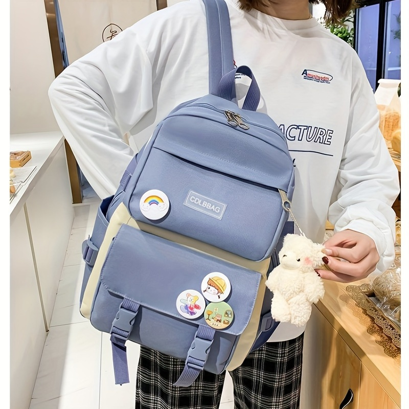 4pcs set simple casual backpack large capacity school bag travel bag canvas shoulder bag for students details 4