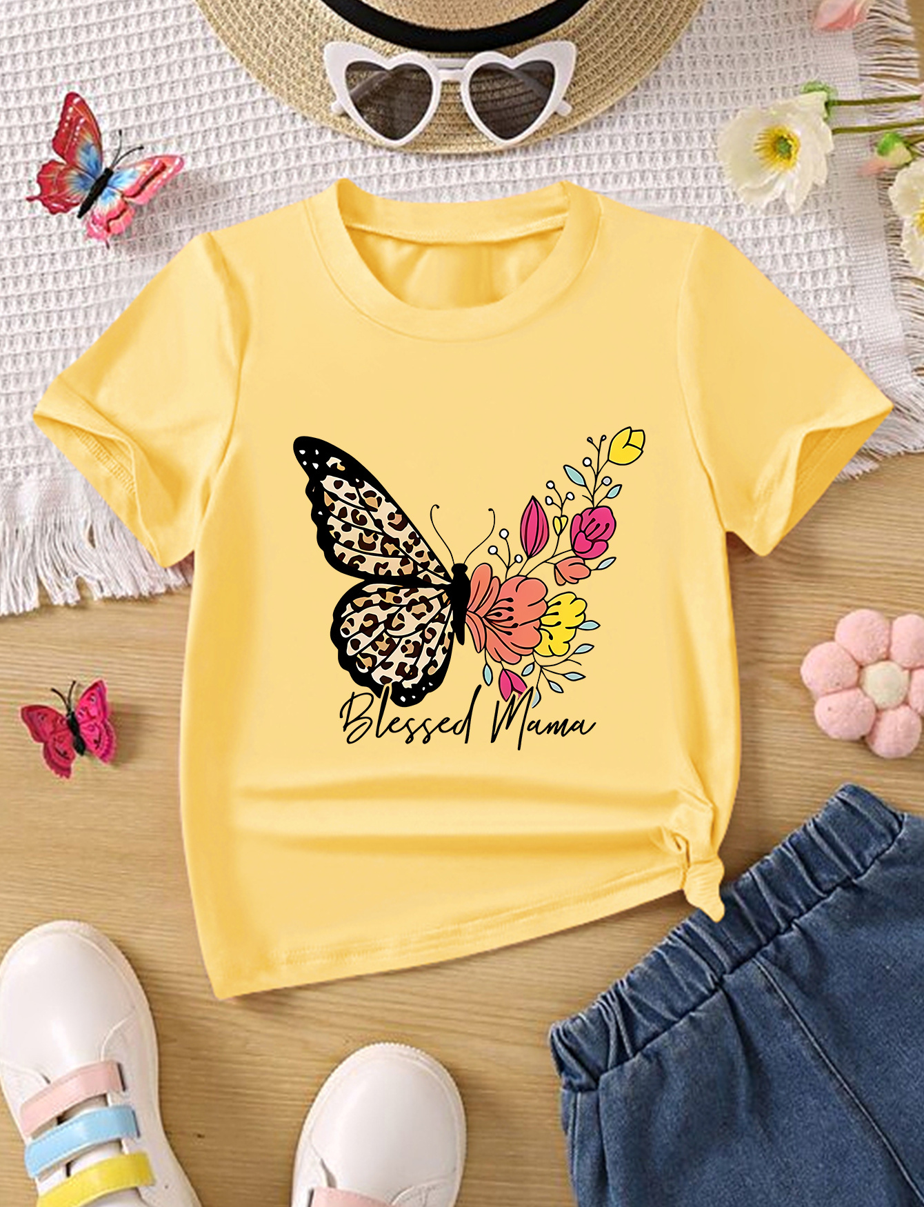 Camiseta con manga mariposa y motivo Tigre amarilla niña