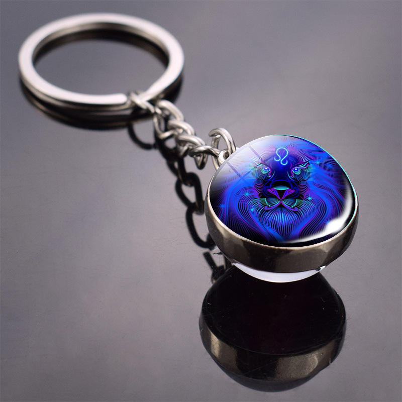 -the-dark 12 Constellation Keychain Double-sided Convex Round Glass Ball Key Chain Outdoor Key Holder