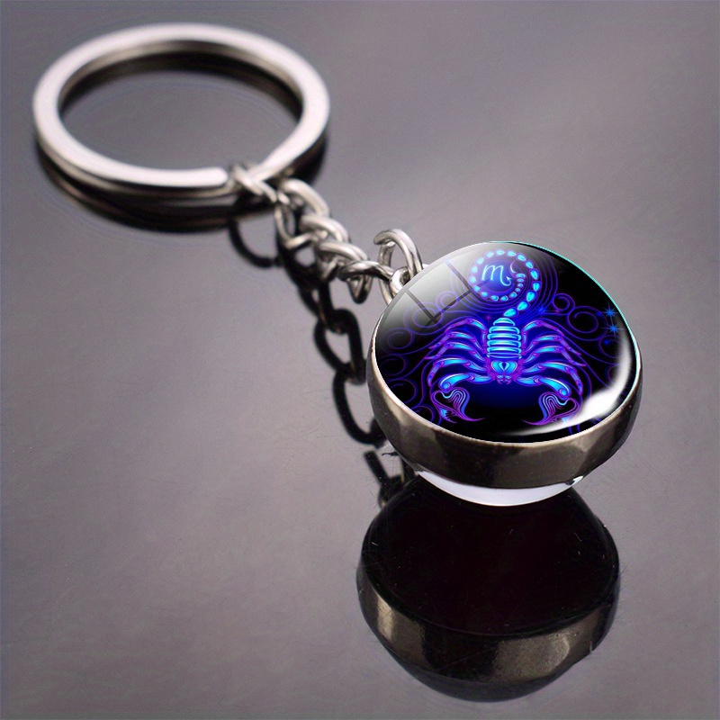-the-dark 12 Constellation Keychain Double-sided Convex Round Glass Ball Key Chain Outdoor Key Holder