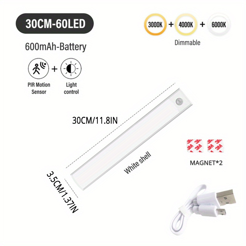 60 LED Under Cabinet Closet Light Motion Sensor USB Rechargeable Kitchen  Lamp US