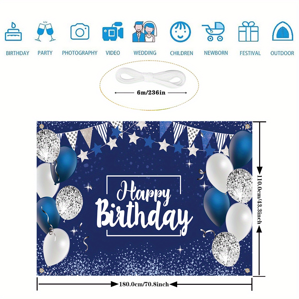 Happy Birthday Backdrop Banner, Navy Blue and Silver Glitter Birthday Party