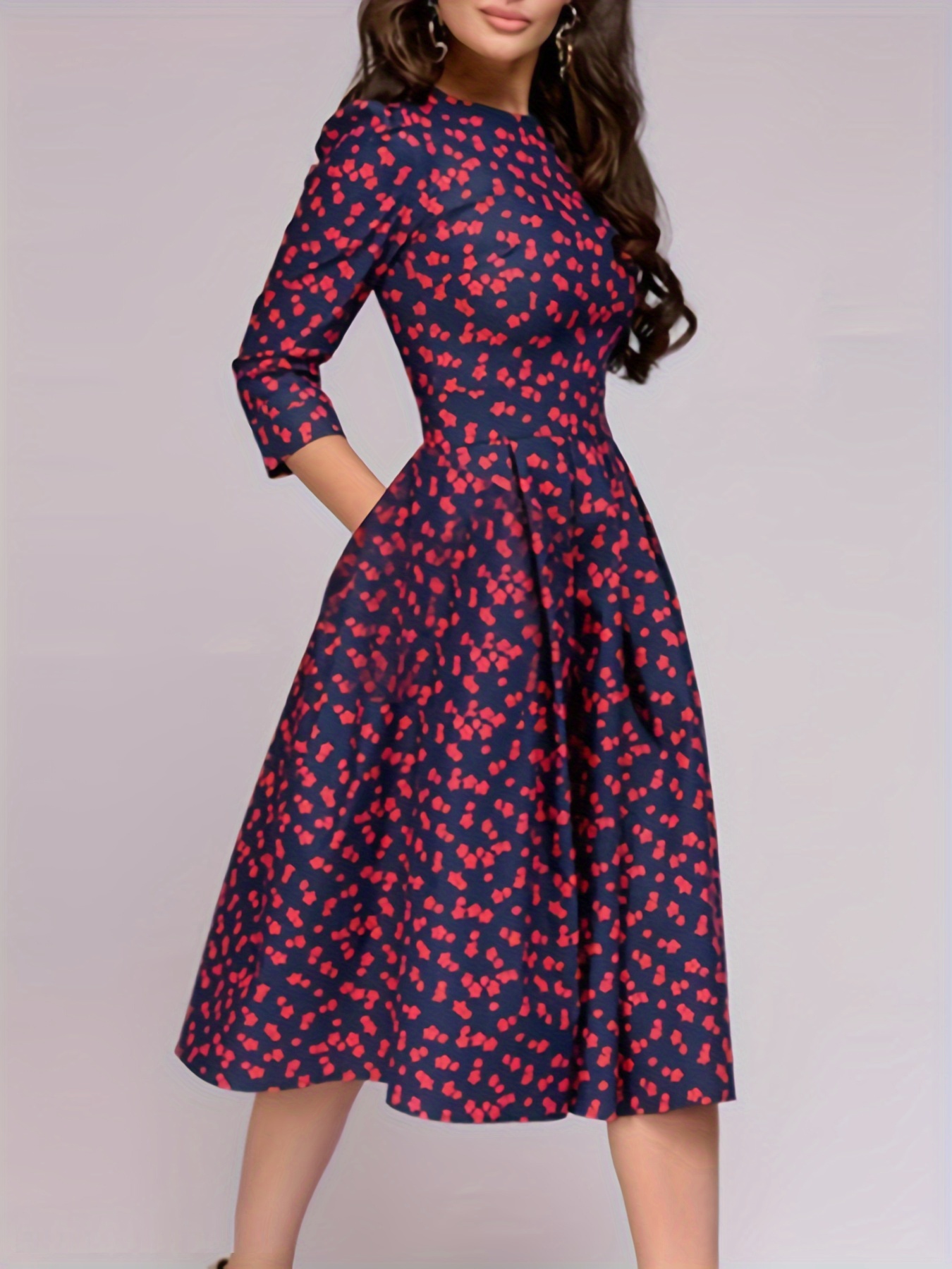 Floral Print 3 4 Sleeve Dress Elegant Crew Neck Midi Dress Temu