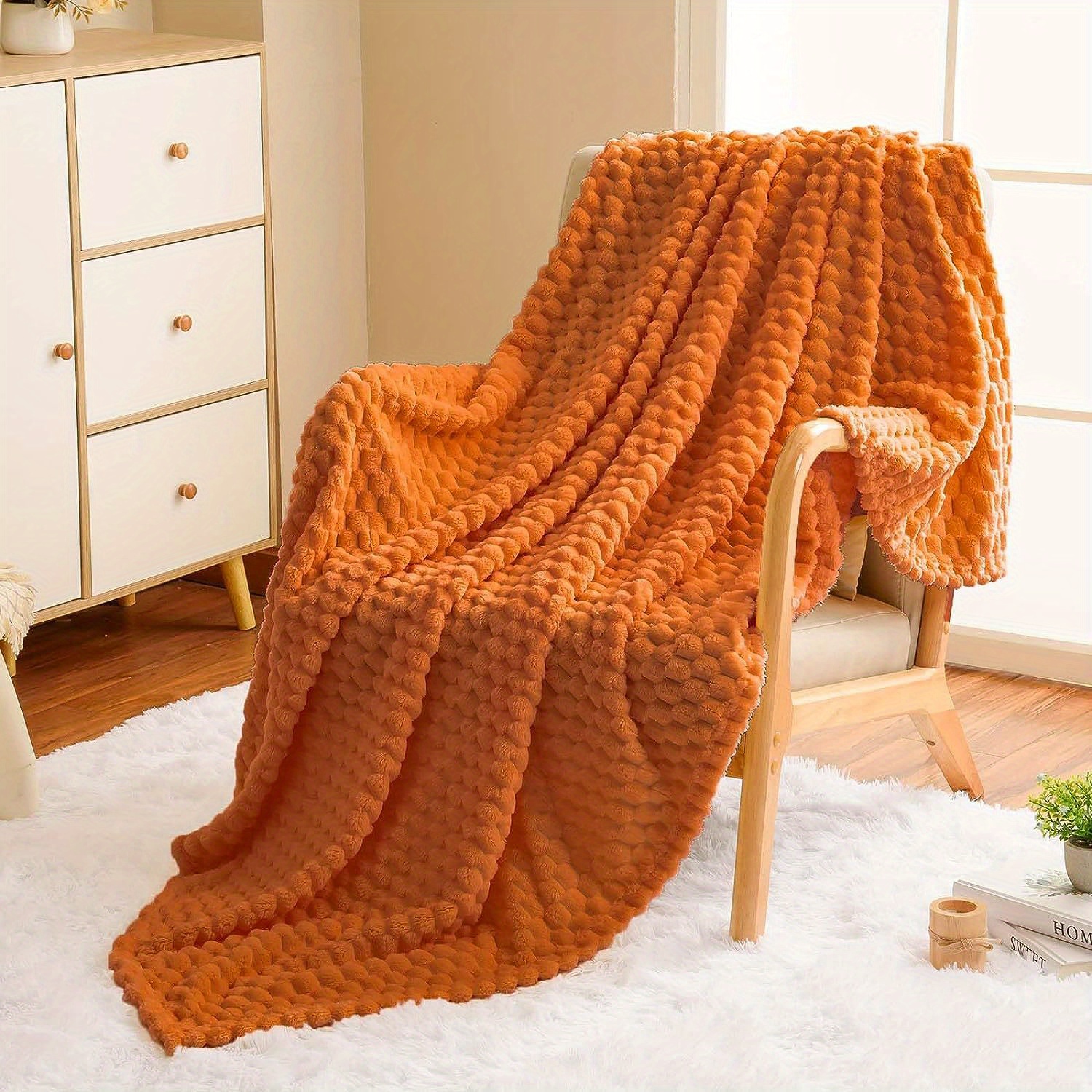 ultra soft burnt orange flannel throw blanket 3d jacquard cozy warm for couch sofa bed chair     tear resistant lightweight details 0