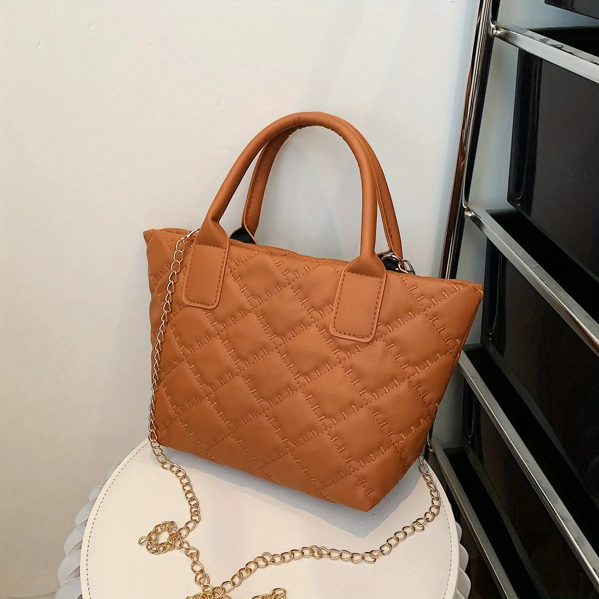 Trendy Rhombus Embroidery Tote Bag, Classic Minimalist Shoulder Bag, Pu Leather  Handbag For Daily Use - Temu Spain