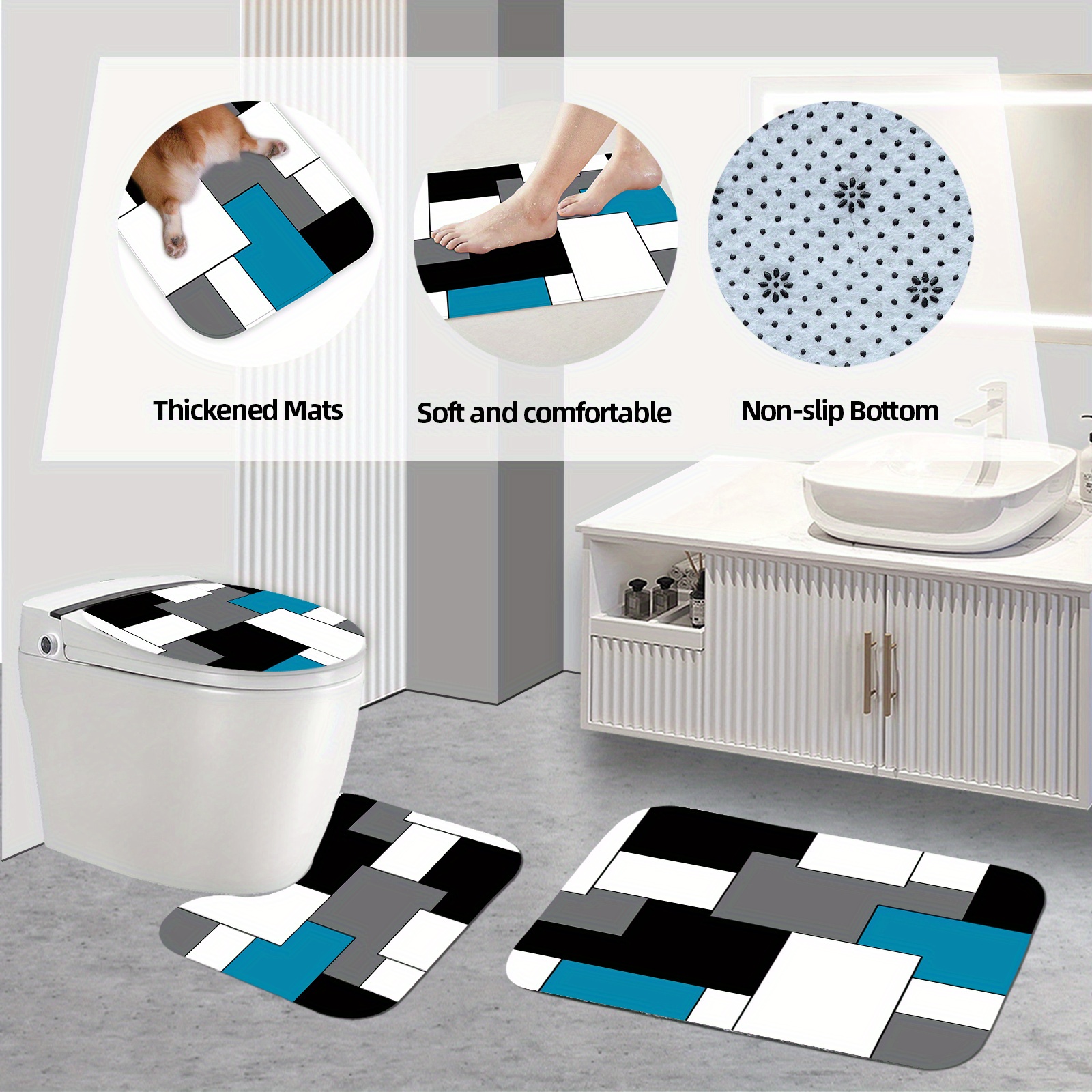 Bathroom Sets Rugs Shower Curtain Geometric Blue Pattern - Temu
