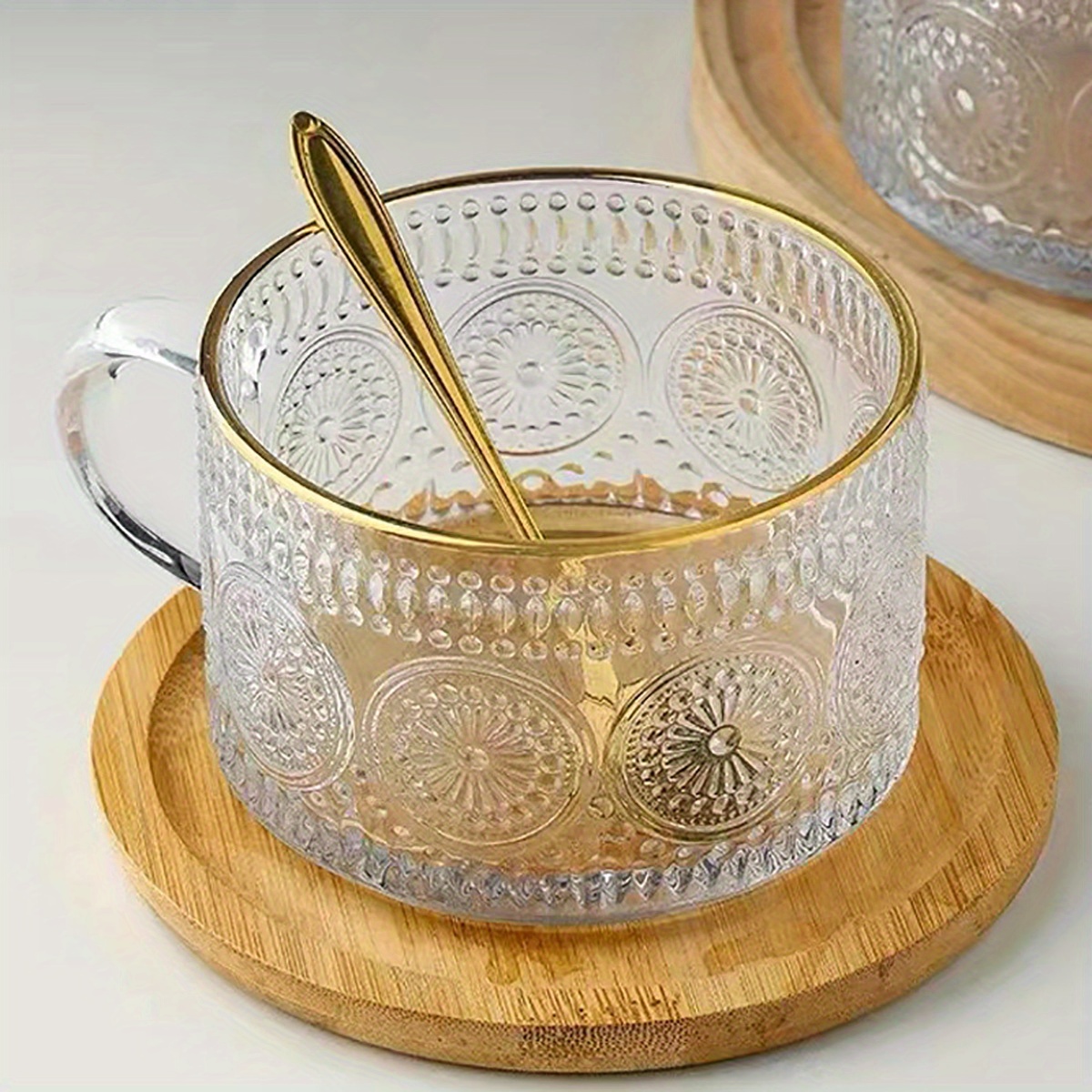 Embossed Glass Coffee Mug With Spoon Coffee Cups With Golden - Temu