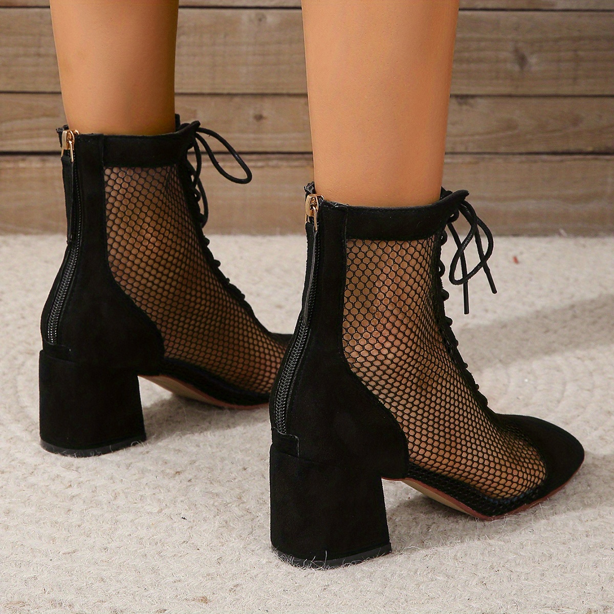 Breathable Mesh Boots Women s Fashion Lace Chunky Heel Boots - Temu