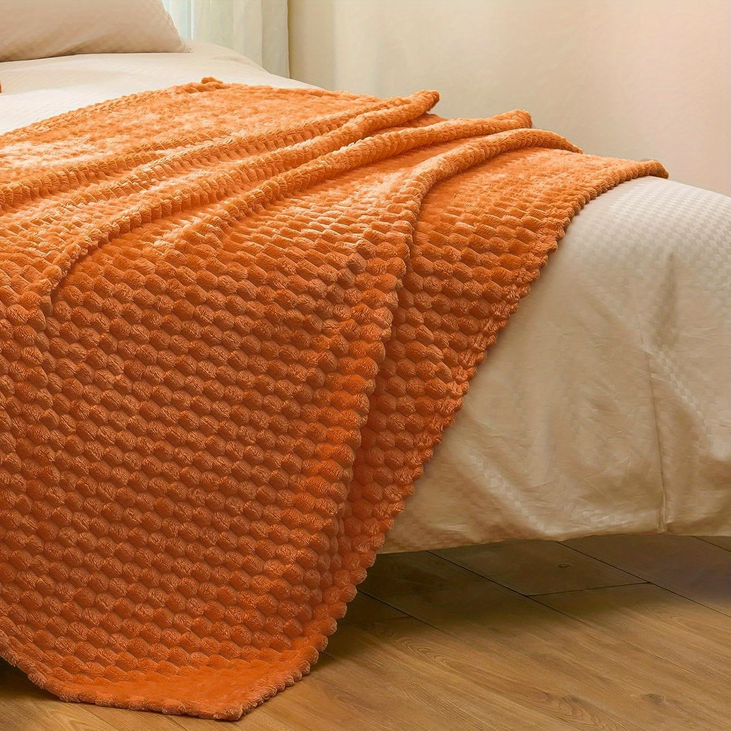 ultra soft burnt orange flannel throw blanket 3d jacquard cozy warm for couch sofa bed chair     tear resistant lightweight details 1