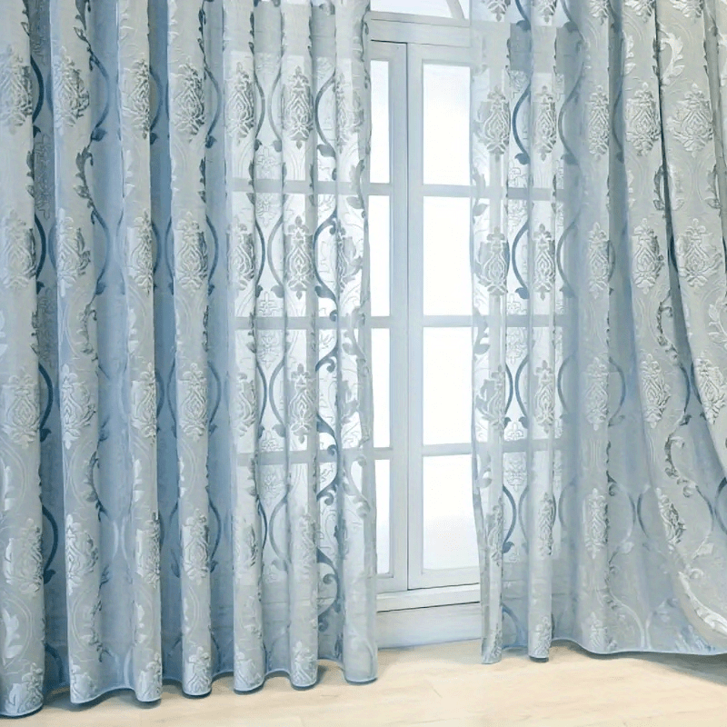 Allure Luxury Jacquard Mocha and Pastel Blue Lace Curtain