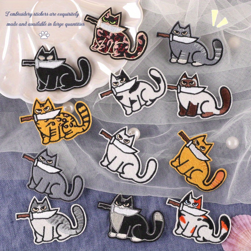 12pcs Assorted Cat Bit Knife Embroidered Patch, Cartoon * Sew Or Iron On Applique Patches Sticker, Repair Or DIY Decor