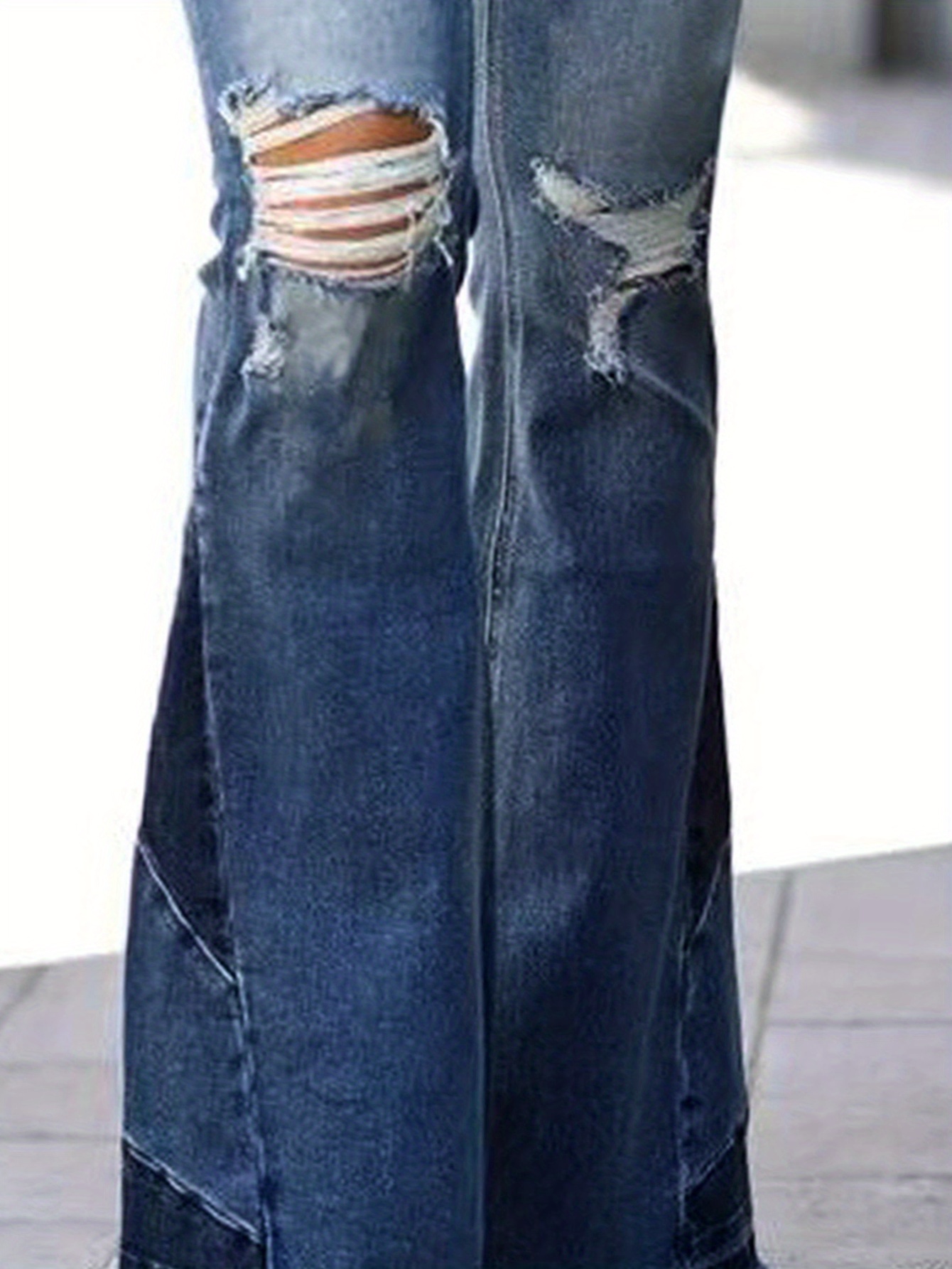 Frayed Hem Retro Style Flare Jeans * Ripped Holes Bell Bottom Jeans,  Women's Denim Jeans & Clothing