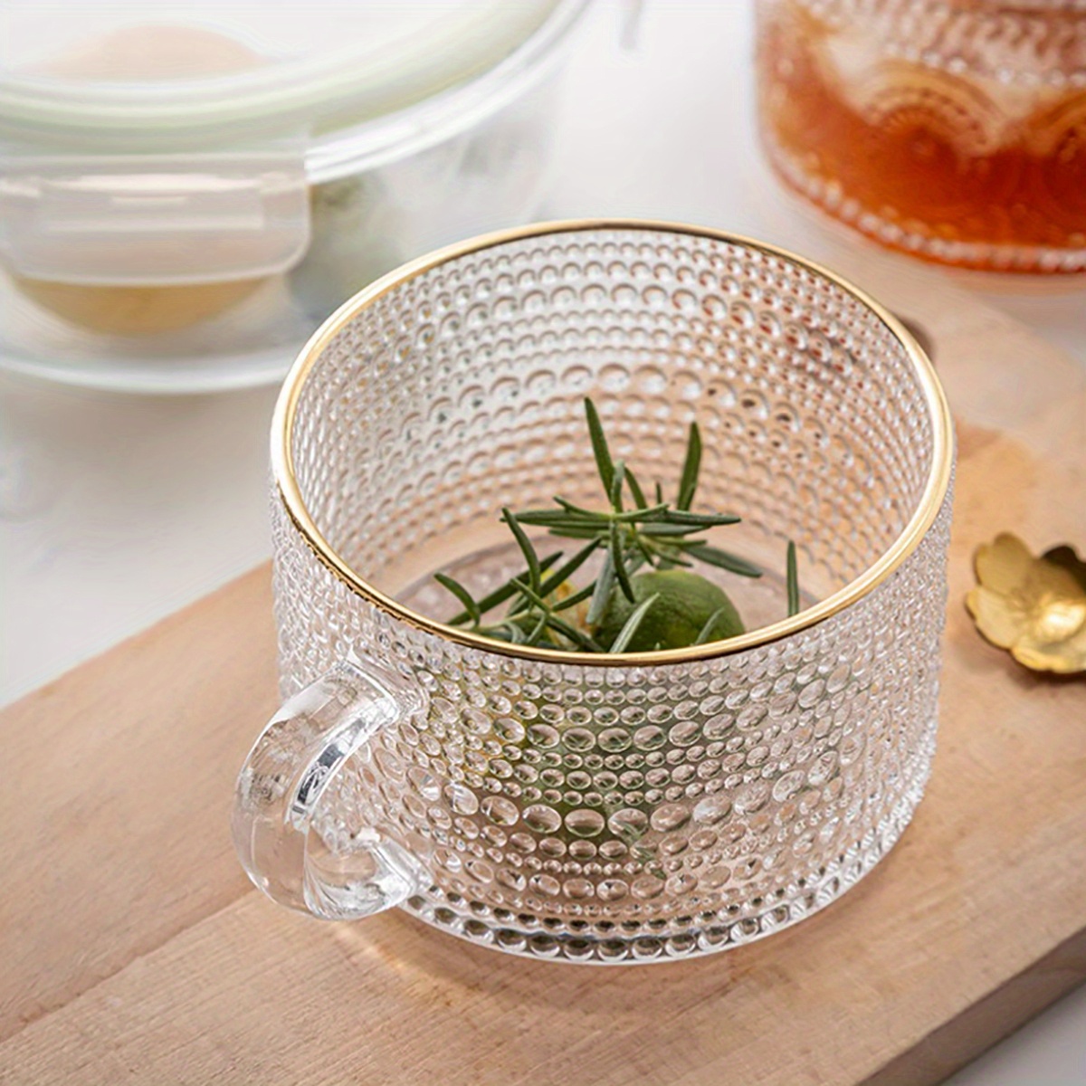 Transparent Big Glass Mug with Golden Handle for Coffee Green Tea Lemon Tea