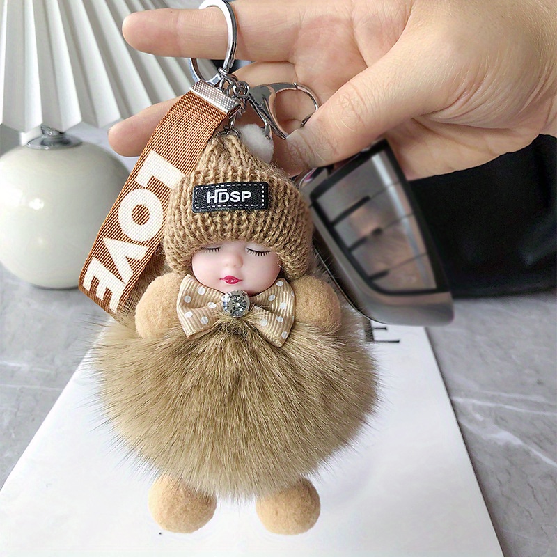 Adorable Sleeping Doll Fluffy Pom Pom Keychain Fur Ball Charm Keyrings Bags  Pendant - Temu