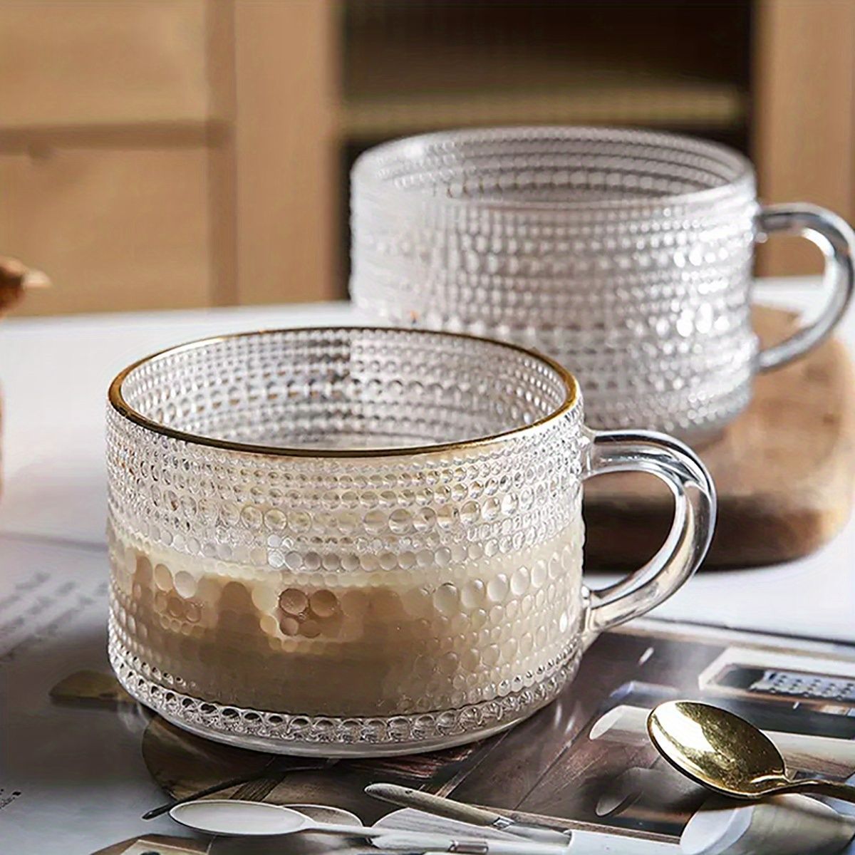 Embossed Glass Coffee Mug With Spoon Coffee Cups With Golden - Temu