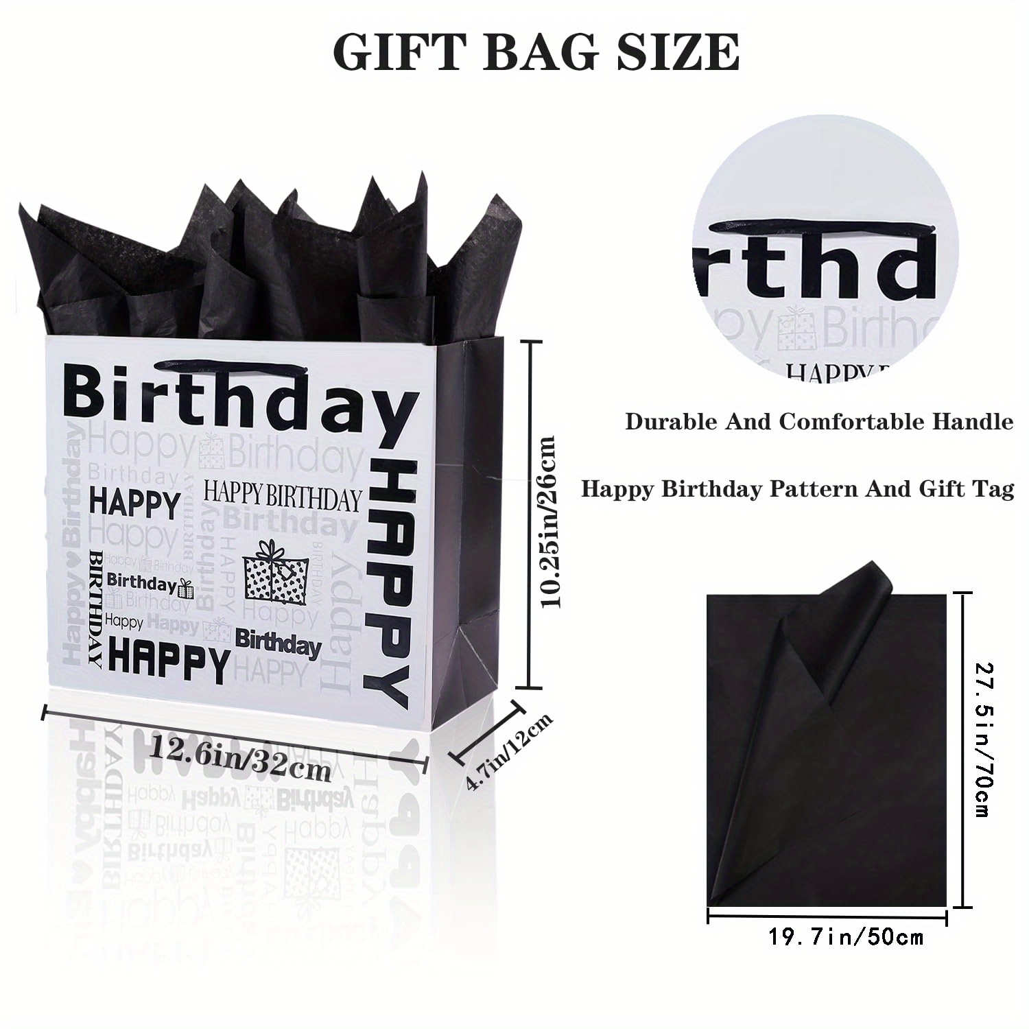 Fay People Black Gift Bag with Tissue Paper; Gift Bags Medium Sized with Many Design Options, Birthday Bags for Men