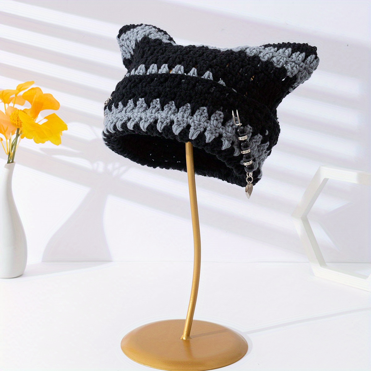 Y2K – bonnet gothique tricoté avec oreilles de chat pour femme