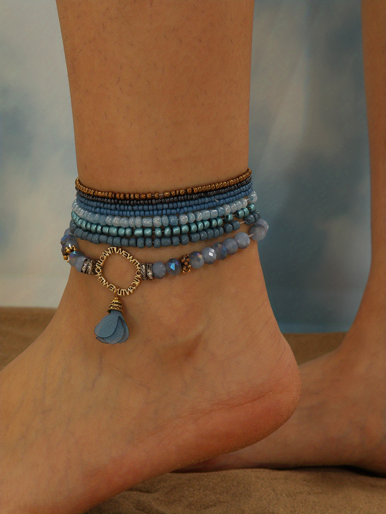 Blue Beads Beaded Anklet Set Boho Style Stackable Ankle Temu New Zealand