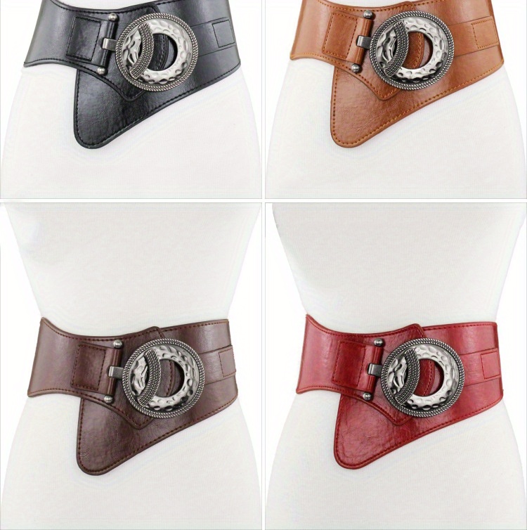 Vintage Silvery Buckle Wide Belt Women's Simple Stylish Pu - Temu