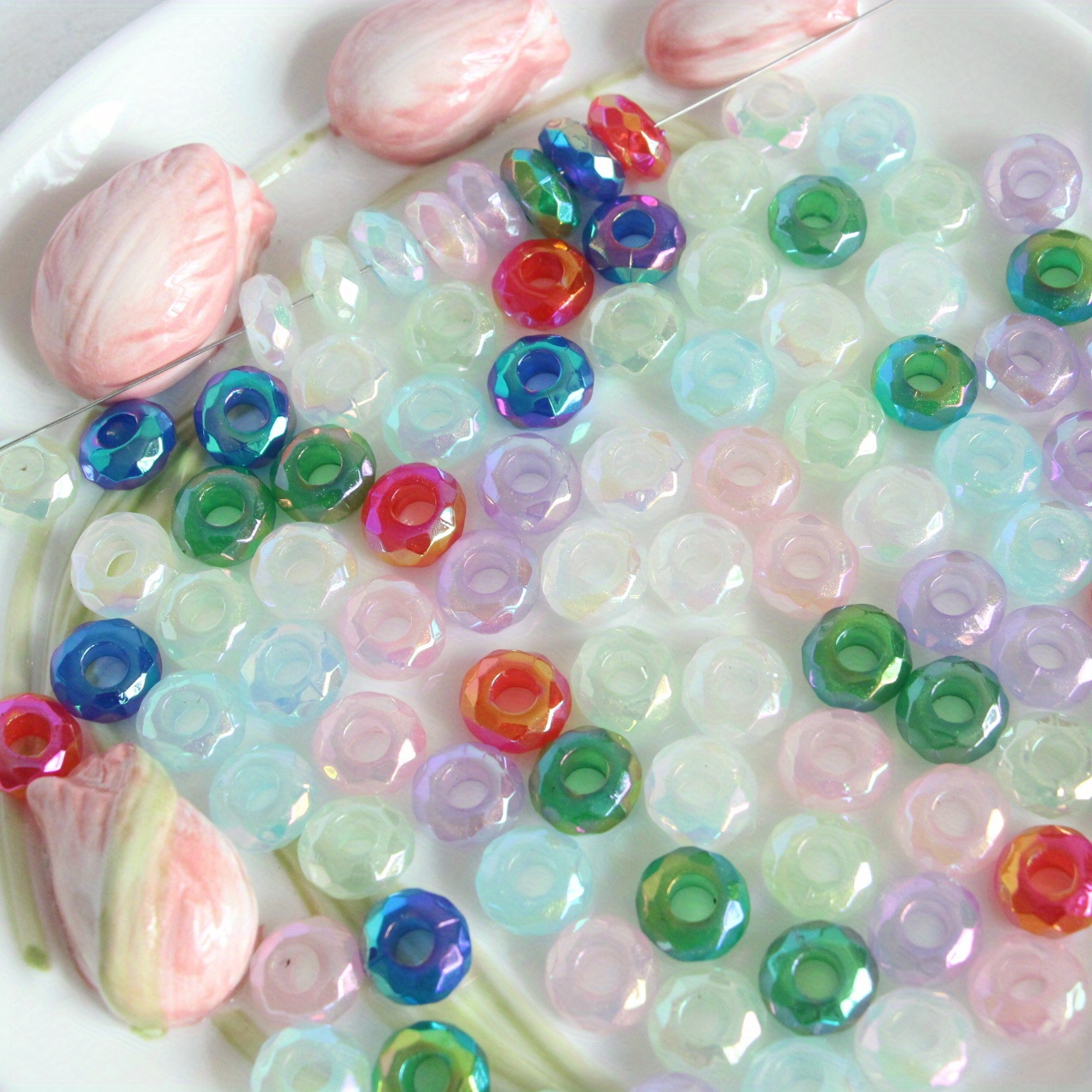 50pcs Mixed Colorful Transparent Faceted Rondelle Resin Imitation Crystal  Large Hole Loose Beads For Bracelet DIY Crafts Jewelry Making Accessories