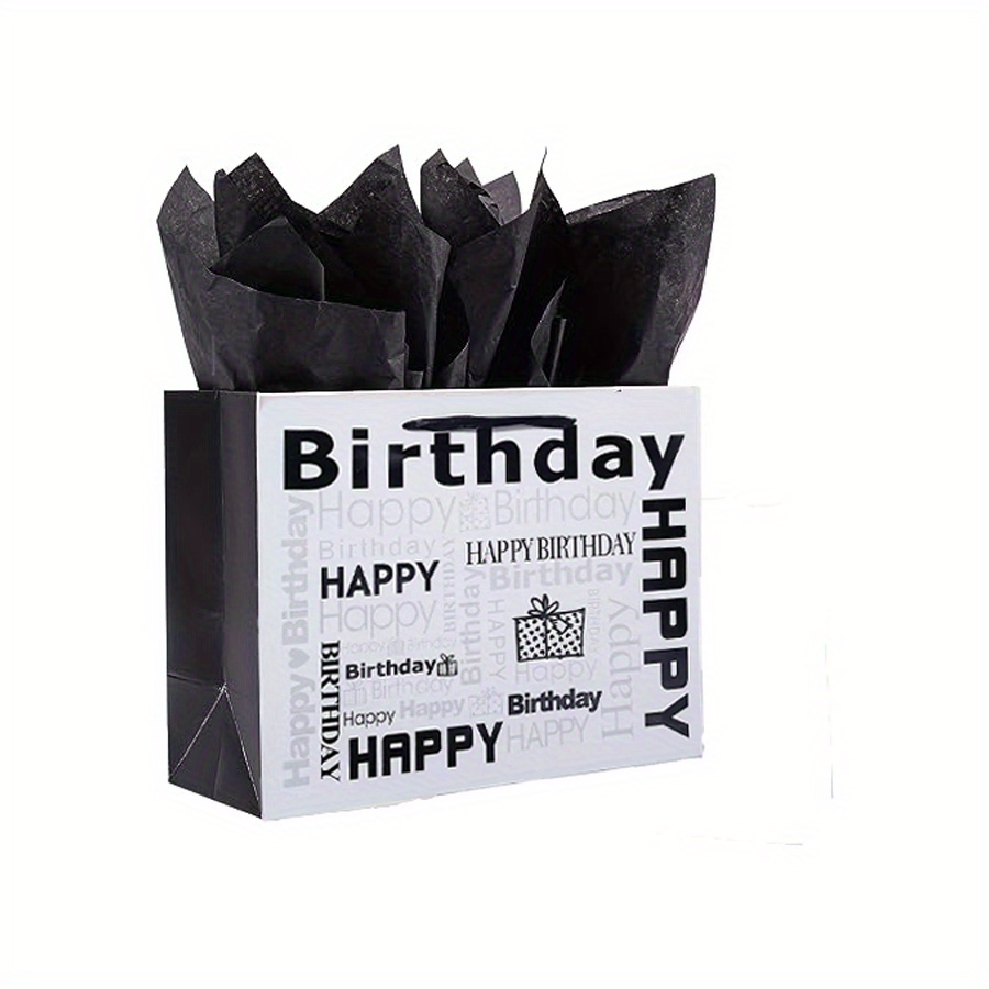 1pc White and Black Large Gift Bag with Tissue Paper, Happy Birthday Gift  Bag for Men Women Birthday - 12.6 x 10.25 x 4.7, 1 Pc
