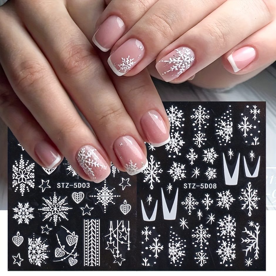 8 Pcs,5D Embossed Christmas Snowflake Snowman Nail Art Stickers,Frecnh Tip Nail Decals For Christmas Parties,Self Adhesive Nail Art Supplies For Nail Decorations