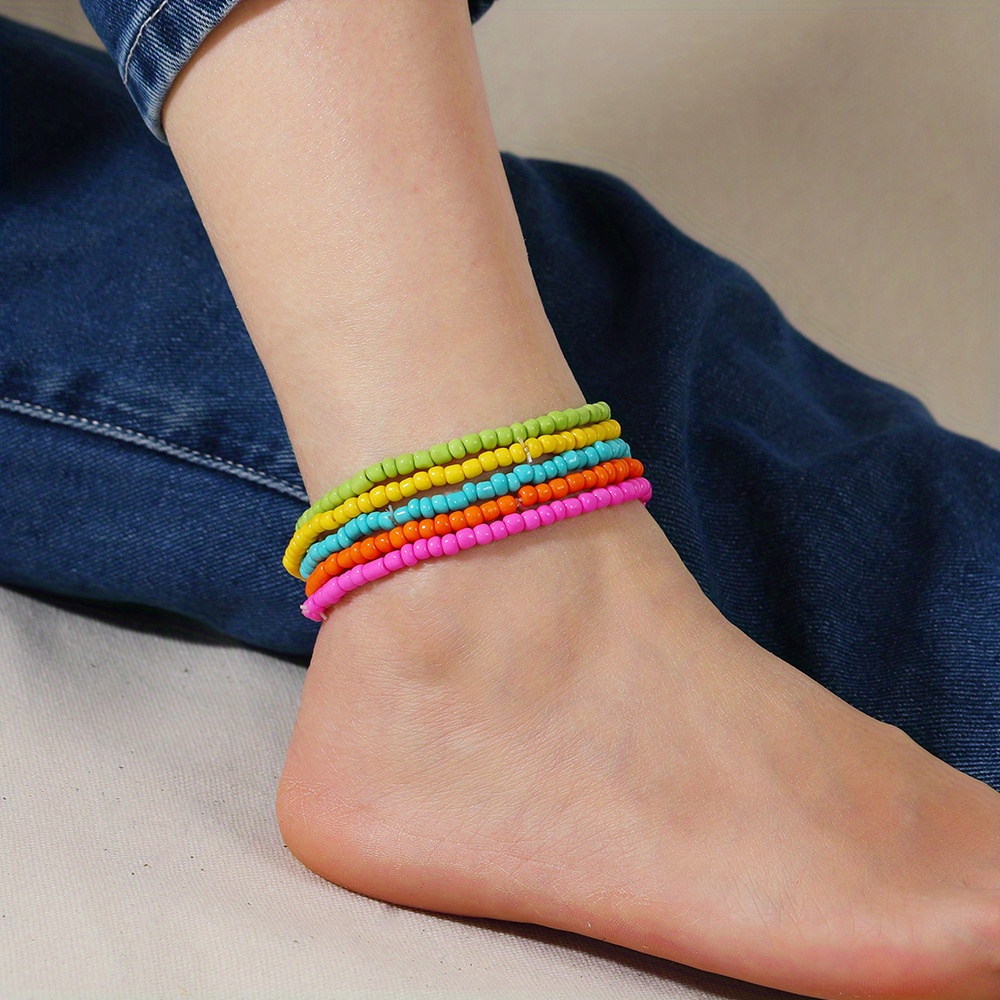 Boho Style Colorful Layered Beaded Bracelet Anklet, Stretchable