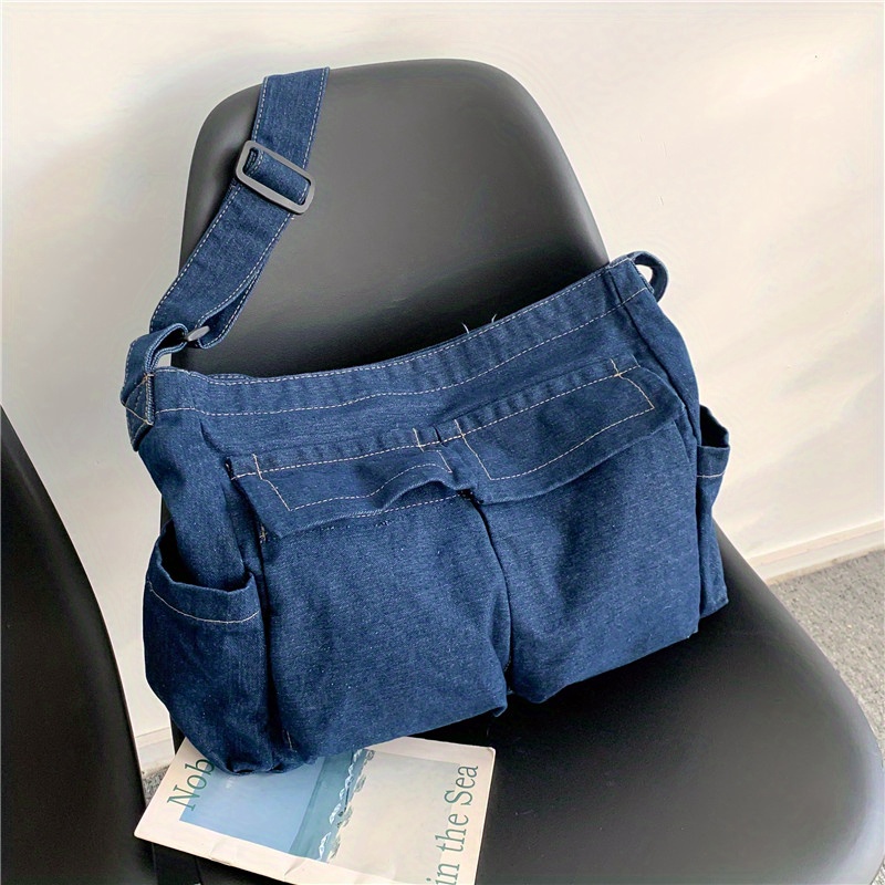 Denim Bag Commute Bag Multi-Pockets Crossbody Bag Vintage Satchel (Dark  Blue)